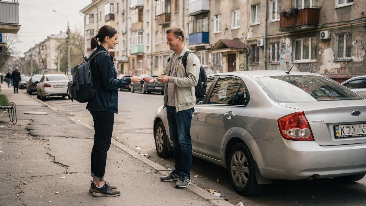 Staff member handing car keys to a renter at the Kyiv city pickup point